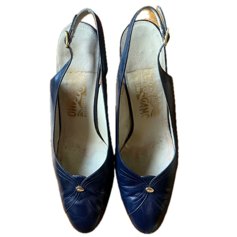 Vintage Salvatore Ferragamo Navy Blue Leather Slingback Pumps Heels 7.5B Italy